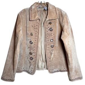 Chico's Suede Leather Open Front Jacket Tan Brown Embellished Sz 1 Medium Boho